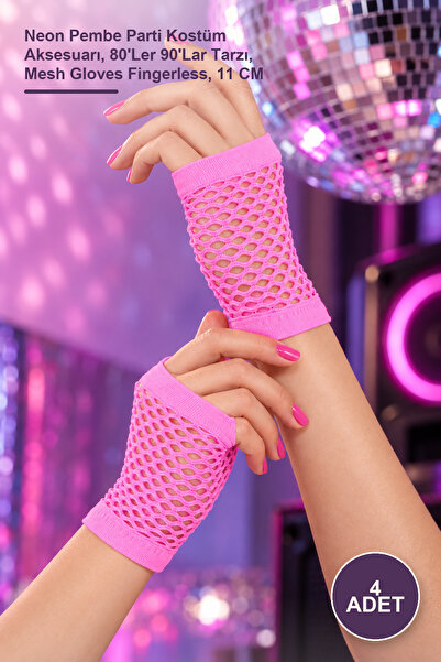 Yenilig 4 Pcs Retro Fishnet Fingerless Short Gloves – Neon Pink Party Costume...