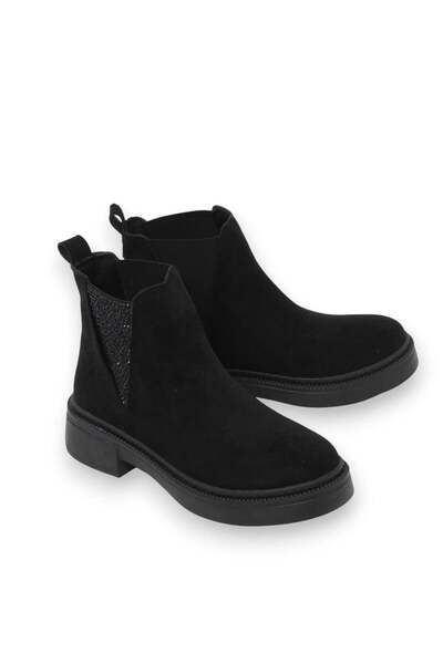 Juuuj Cizme confortabile din piele intoarsa neagra, cu panou lateral dublu el...