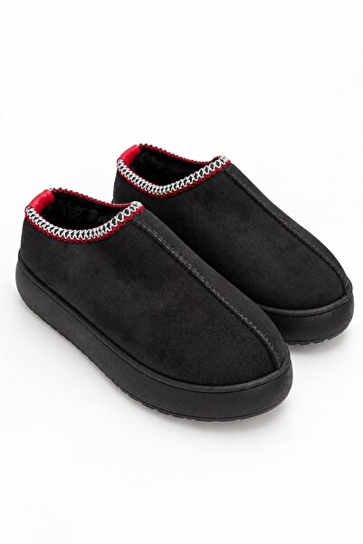Juuuj Black Suede Textured Flat Sole Boots with Fur Inside and Red Stripe Det...