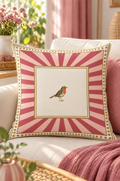Benlisso Home Pink Striped Cream Background with Bird Pattern Lovely Birds De...