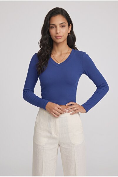V Yaka Uzun Kollu Crop Fitilli Ribana Dokulu Basic Bluz Mavi