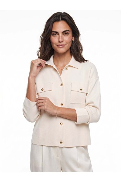 Juuuj Cream Knitwear Textured Shirt Collar Gold Button Detailed Double Pocket...