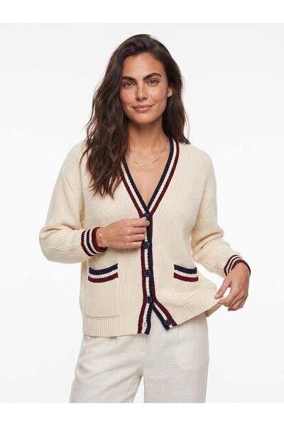 Juuuj Ecru Thessaloniki Knitted Acrylic Fabric V-Neck Buttoned Striped Detail...