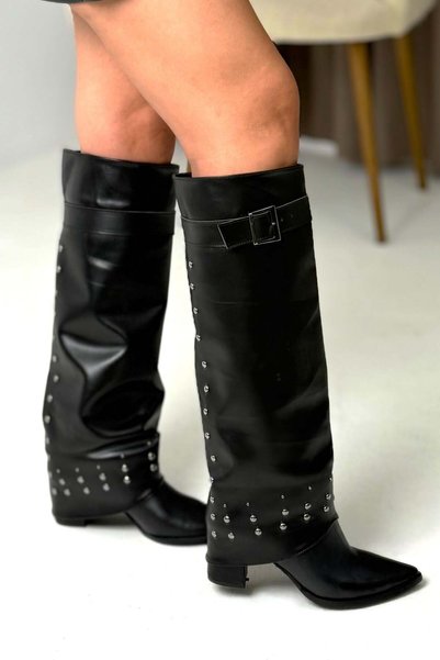 Juuuj Black Faux Leather Pointed Toe Buckle Belted Five Centimeter Heeled Boo...