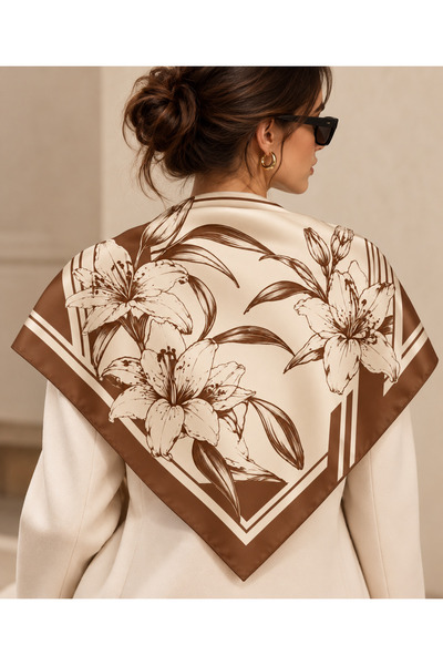 TR 70X70 Women's Scarf – Brown Floral Patterned Silk-Look Satin Square Scarf,...