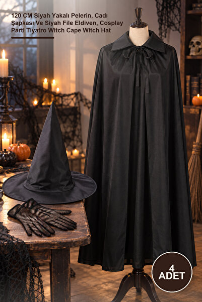 Yenilig 4-Piece Witch Costume Set – 120 cm Black Cape with Collar, Witch Hat ...