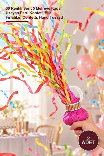 2 Adet El Atılan Konfeti – 30 Renkli Şerit 5 Metreye Kadar Uzayan Parti Konfeti, Elle Fırlatılan Confetti, Hand Tossed