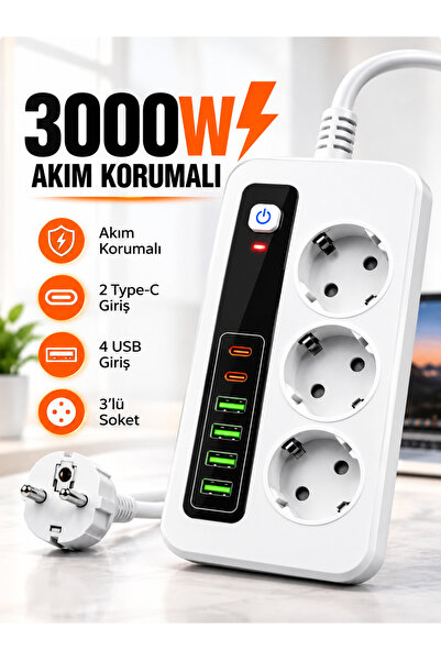 3000W Akıllı 3'lü Priz USB' li Uzatma Kablo - 4 USB + 2 Type-C Hızlı Şarj 2 Metre Isı Dayanıklı Kalite