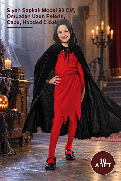 10 Adet Kapşonlu Pelerin – Siyah Şapkalı Model 90 CM, Omuzdan Uzun Pelerin, Cape, Hooded Cloak