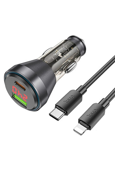 HOCO NZ12B Unimpeded PD48W USB + Type-C Araç Çakmaklı Hızlı Şarj Aleti + Type-C to iPhone Kablo-(577