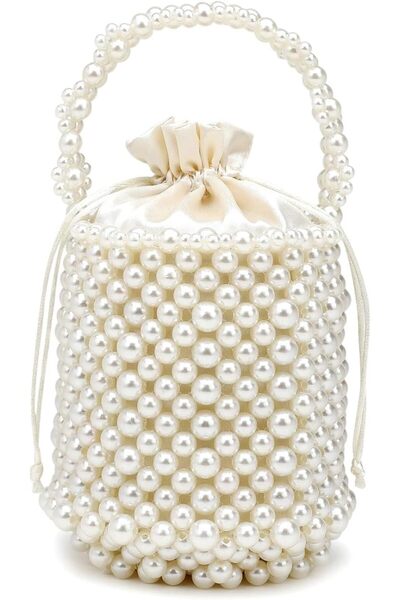 GENERAL DJBM Women Handmade Pearl Beaded Clutch Bucket Evening Handbag Acryli...