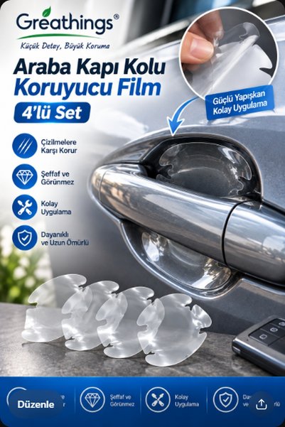 Greathings 95x90 mm Şeffaf Araba Kapı Kolu Koruyucu Film 4'lü Set Çizik Önleyici