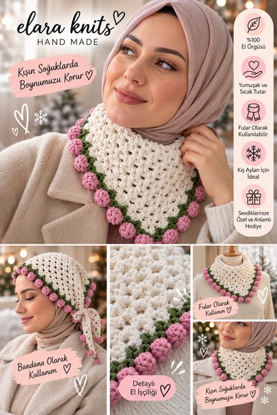 elara knits hand made وشاح رقبة مزين بالزهور مصنوع يدويًا من خيوط القطن