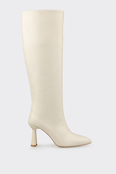 Elle Shoes Ekru Deri Kadın Klasik Çizme