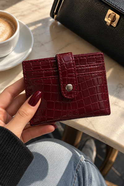 ATALYA ACCESSORY Bordo Kroko Desenli Kadın Cüzdan ve Kartlık - Çok Bölmeli Çı...