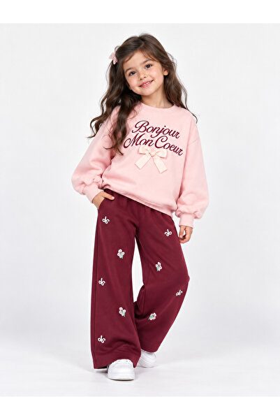 Pembe Sweatshirt Bordo Çiçek ve Fiyonk Detaylı Bol Paça Pantolon 2'li Takım