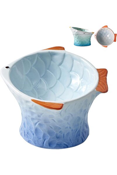 Generic Raised Tilted Ceramic Cat Food Bowl - Cute Fish Shape Elevated Slante...
