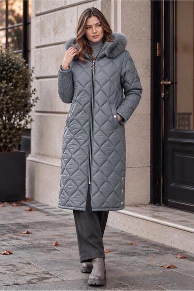 TRENDTESETTÜR KADIN GRİ KAPÜŞONLU KAPİTONE MONT T 0105