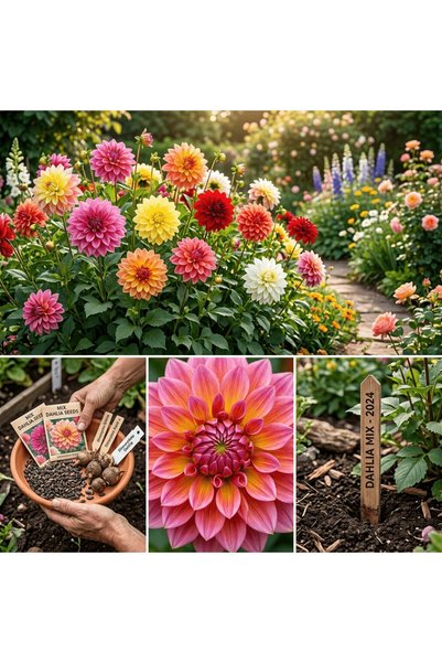 Bloom & Sow Seed بذور داليا مختلطة، أزهار ضخمة متعددة الألوان مزدوجة، بذور زه...