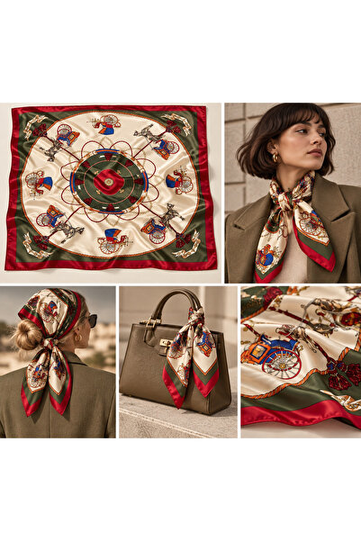 Yeşil Kırmızı vintage Desenli Saten Kadın Fular 70x70 cm
