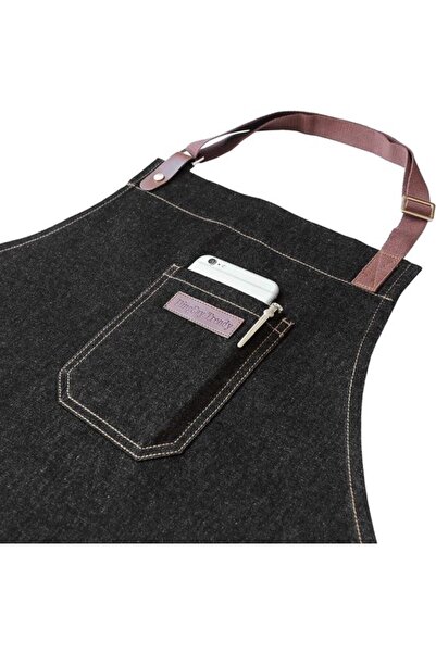 Morvena Picks Șorț de bucătar din denim - Negru - Cu buzunare și buclă pentru...