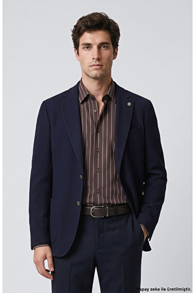 Network Slim Fit Lacivert Diyagonal Desen Yün Mix Ceket