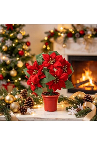 Kmt Style Artificial Christmas Poinsettia plant with five flowers in red pot,...