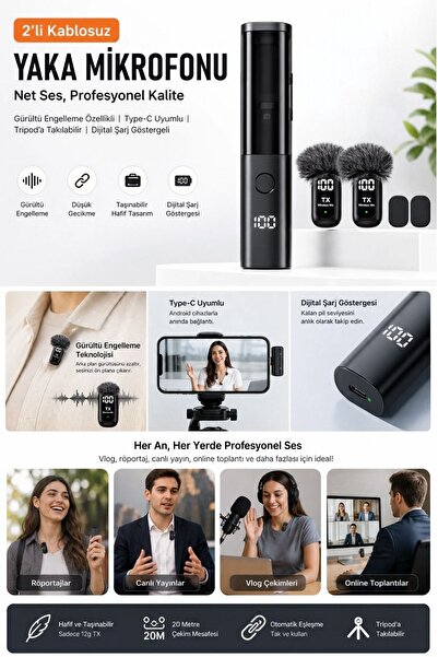 Buffer ®2'li Kablosuz Yaka Mikrofonu, Type-C Uyumlu, Gürültü Engelleme Özellikli ve Tripod'a Takılabi
