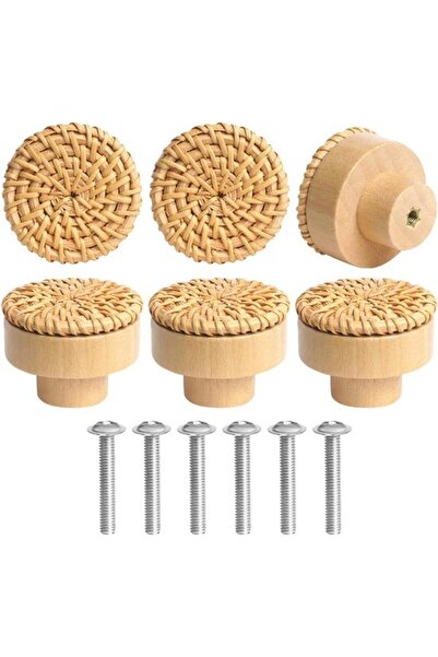 Morvena Picks Set de 6 butoane și mânere din ratan pentru mobilier, uși de du...