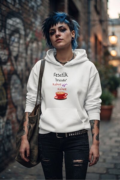 "Fesatlık Yorucudur Kahve İçin Kahve" Fincan Görselli Beyaz Kapüşonlu Sweatshirt Hoodie