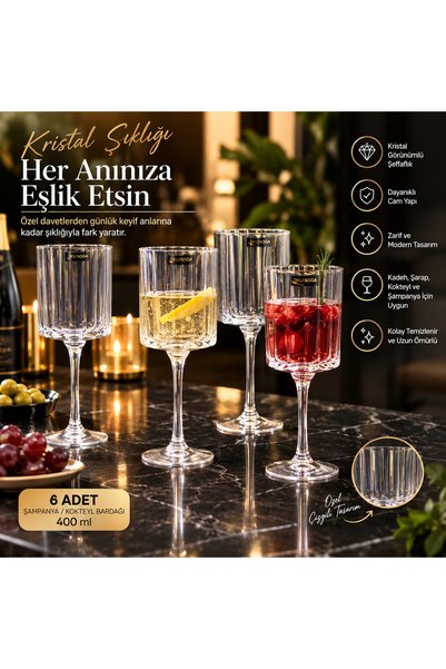 KARAKAŞ HOME & ZÜCCACİYE 6lı CAM AYAKLI KADEH VEYA ŞAMPANYA BARDAĞI 400ml