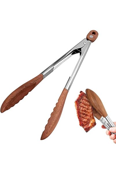 Morvena Picks Clește de bucătărie robust din lemn de nuc și oțel inoxidabil, ...