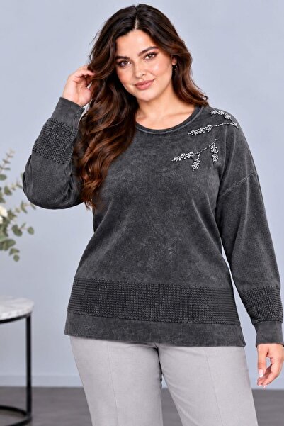 CEDY DENIM Women's Crew Neck Branch Leaf Embroidered Stone Detailed Textured ...