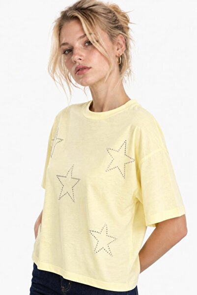 HAKKE Star Printed Crop T-Shirt with Foil and Stone Detail