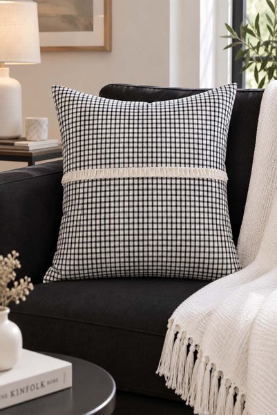 ÖDEL BULDAN Black Plaid Decorative Throw Pillow Cover 40X40 cm