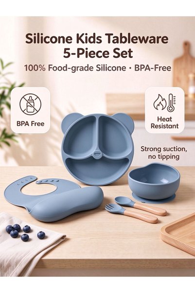 Generic Brand طقم تغذية للأطفال من السيليكون باللون الأزرق الرمادي، طبق بتصمي...