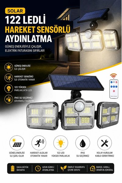 ® 3'lü 122 LEDLİ Güneş Enerjili Hareket Sensörlü Aydınlatma, Dış Mekan Duvar ve Bahçe Lambası