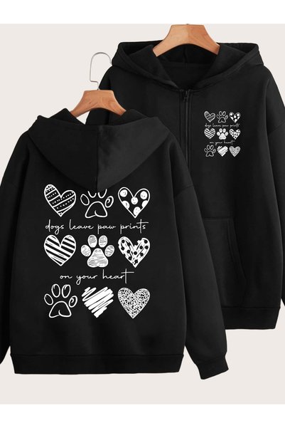 MITHRAS OUTDOORS Unisex Black Paws Hearts Back and Front Printed Zippered Swe...