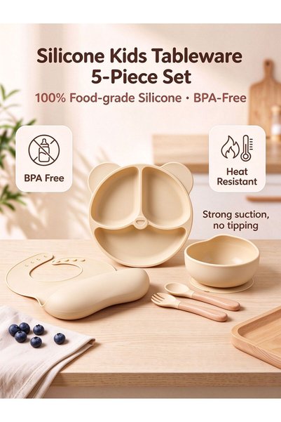 Generic Brand طقم تغذية للأطفال من السيليكون البيج، طبق بتصميم دب مع مصاصة + ...