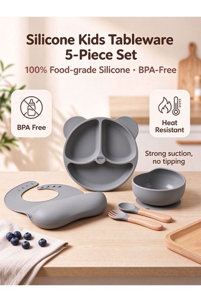 Generic Brand طقم تغذية للأطفال من السيليكون بلون رمادي فاتح، طبق بتصميم دب م...