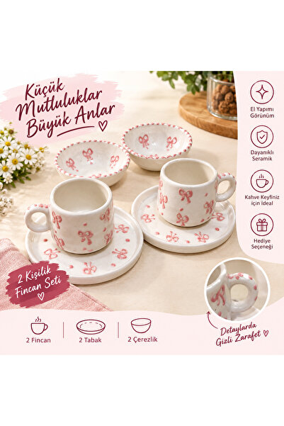 Genel Markalar El Yapımı Görünümlü Pembe Kurdele Desenli 2 Kişilik Seramik Fi...