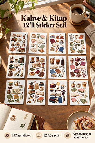 Kahve & Kitap Sonbahar Temalı 12'lı Sticker Etiket Seti - Planner Ajanda Telefon Tablet Laptop Bullet Journal Etiket