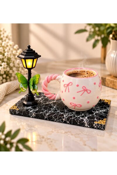 hediye arıları Pink Bowknot Mug, Street Lamp and Scented Glass Candle Set with Black Marble Base
