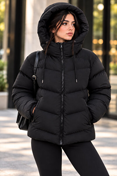 Modayıldızlar Kadın Yan Cep Fermuarlı Kapüşonlu Şişme Mont Oversize Fermuarlı...