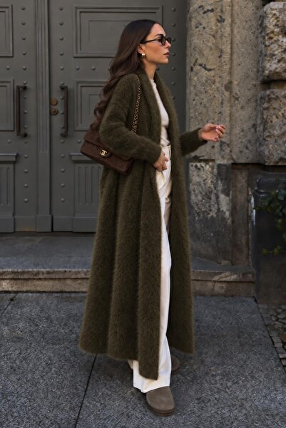 AFVENTE Perla Women's Long Angora Cardigan – Soft Textured Long Cardigan Khaki