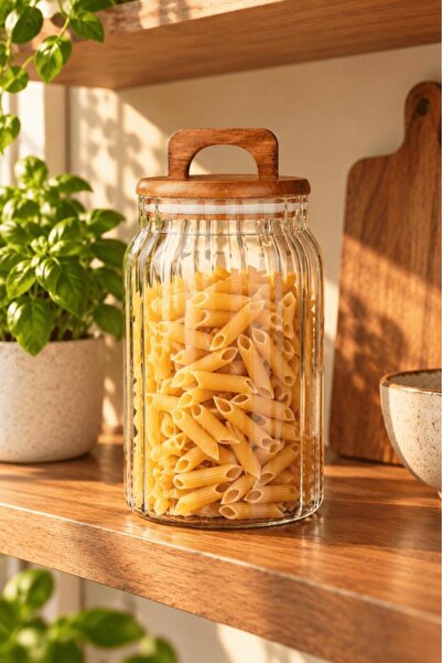 Atbyhome Akasya Kapaklı Çizgili Borosilikat Cam Kavanoz 1600 ml - Vakumlu Büy...