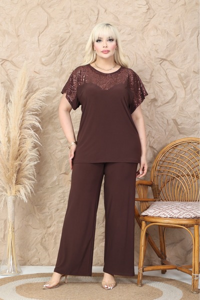 CF MODA Kadın Büyük Beden Payet Desenli 2 Li Takım Kahverengi
