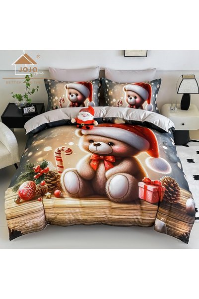 JOJO HOME 🎄 Lenjerie de Pat 6 Piese Craciun Bej | Ursulet cu Mos Craciun | I...
