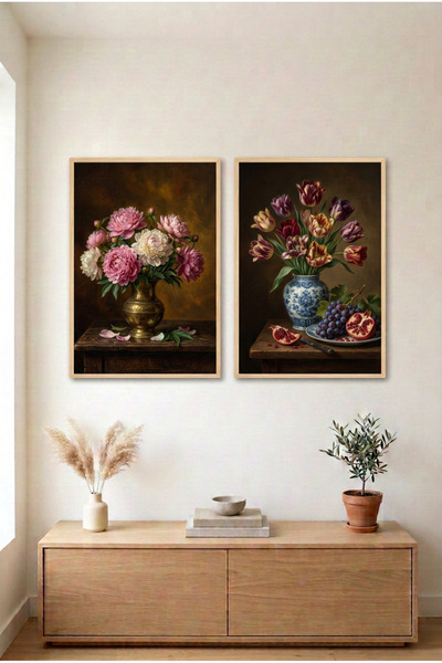 huhuli 2-Piece Peony and Tulip Wooden Framed Mdf Living Room Painting Set Huh...