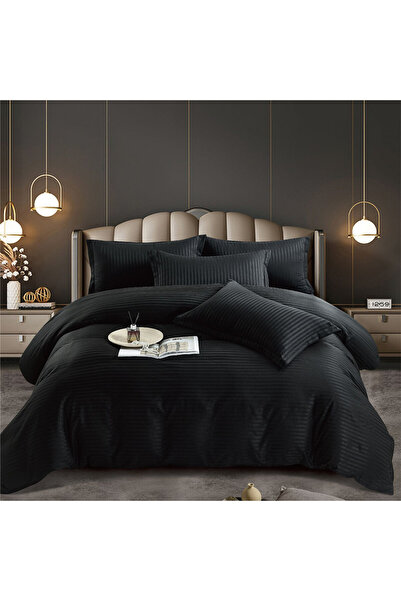 JOJO HOME Lenjerie de pat dublu, cu elastic, damasc, negru, 6 piese, DME-02